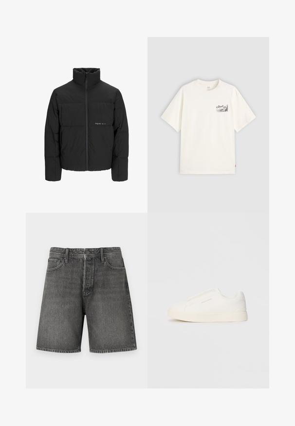 Musta puhvijakku, jossa on korkea kaulus, etuvetoketju ja tikattu muotoilu. Sileä kangas, jossa on hienovarainen logo rinnassa.; Valkoinen lyhythihainen t-paita, joka on valmistettu puuvillasta. Paidassa on musta graafinen kuvio vasemmassa rinnassa, jossa on sana "Fresh."; Tummanharmaat farkkushortsit, joissa on klassinen viiden taskun muotoilu, napin ja vetoketjun sulkeminen, suora leikkaus ja kevyt haalistuminen pinnassa.; Valkoiset liukusukat, joissa on teksturoitu pinta, paksu pohja ja minimalistikot. Sivulla on brändin logo.