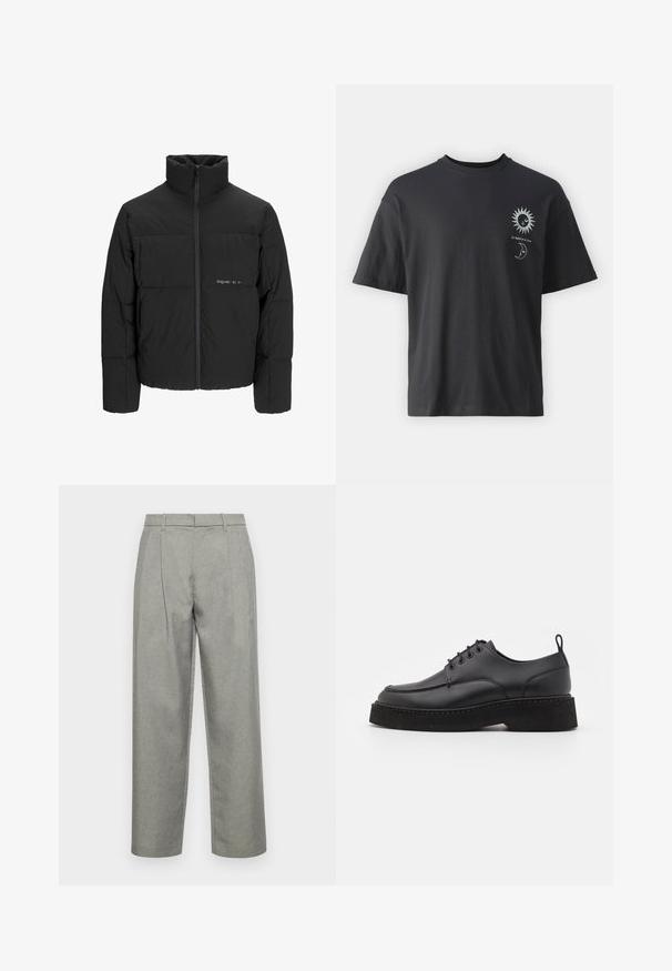 Black puffer jacket featuring a high collar, front zip closure, and quilted design. Smooth fabric with a subtle logo on the chest.; Black cotton t-shirt with short sleeves, round neck, and front graphics of a sun and moon, accompanied by text "Le Soleil et La Lune."; Gray tailored trousers made of textured fabric, featuring a straight-leg design, front pleats, and a standard waistband with belt loops.; Black leather lace-up shoe with a rounded toe, thick black platform sole, and decorative stitching along the edge. Smooth texture.