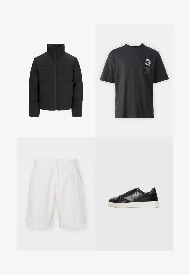 Giubbotto bomber nero con colletto alto, chiusura frontale con zip e design trapuntato. Tessuto liscio con un logo discreto sul petto.; T-shirt in cotone nero con maniche corte, collo rotondo e grafica frontale di un sole e una luna, accompagnata dal testo "Le Soleil et La Lune."; Pantaloni corti bianchi in cotone con frontale piatto, chiusura a bottone e quattro tasche. Il tessuto ha una texture morbida e un design a gamba dritta.; Sneaker nere con una toma superiore in pelle con effetto croc embossato, punta rotonda e suola in gomma bianca a contrasto con una finitura liscia.