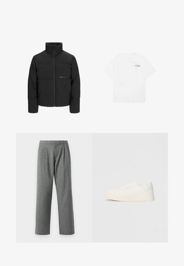 Black puffer jacket featuring a high collar, front zip closure, and quilted design. Smooth fabric with a subtle logo on the chest.; White cotton t-shirt with short sleeves, round neckline, and a small graphic reading “LA VILLE LUMIÈRE” in black and red on the upper back.; Gray, straight-leg trousers made of textured fabric, featuring pleats at the front and a basic waistband, with no visible pockets.; White slip-on sneakers with a textured surface, a thick sole, and minimalistic design. Features brand logo on the side.