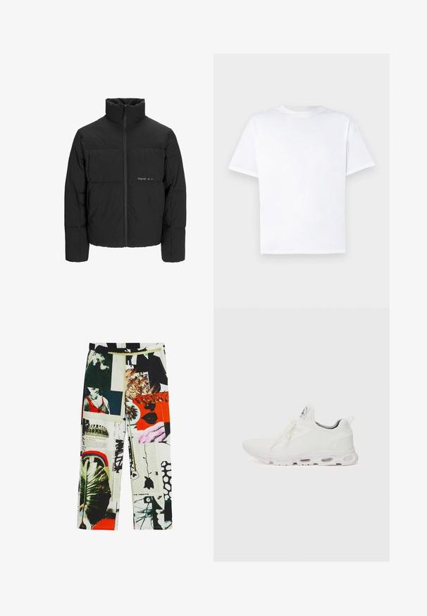 Juodas pūkinis švarkas su aukštu apykakle, priekiniais užtrauktukais ir kvadratinės siuvimo dizainu. Lygus audinys su subtiliu logotipu krūtinėje.; Balta medvilninė marškinė su apvaliu kaklu ir trumpomis rankovėmis. Lygi tekstūra, tiesus kirpimas, be raštų ar akcentų. Tik užpakalinė pusė.; Raštuoti kelnių, vaizduojantys nuotraukų, spalvų ir tekstūrų koliažą, įskaitant žalią augmeniją, grafikas ir ryškius akcentus. Tampri juosta.; Baltos sportinės detalės batai su tekstūruotu megztu viršumi, plokščiais raišteliais ir paminkštintu padu, kuriame matomos oro kameros papildomam palaikymui.