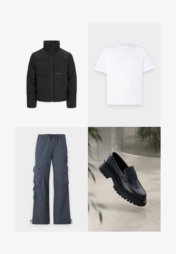 Čierna puffová bunda s vysokým golierom, predným zipsom a prešívaným dizajnom. Hladká tkanina s jemným logom na hrudi.; Biele bavlnené tričko s okrúhlym výstrihom a krátkymi rukávmi. Hladká textúra, priame strih, bez vzorov alebo akcentov. Len pohľad z chrbta.; Tmavohnedé cargo nohavice s elastickým pásom, mnohými veľkými vreckami po stranách a nastaviteľnými náplety na členkoch.; Čierne kožené loafery s robustnou podrážkou, s dekoratívnym pásikom a prešívaním. Hladký povrch s lesklým finišom.