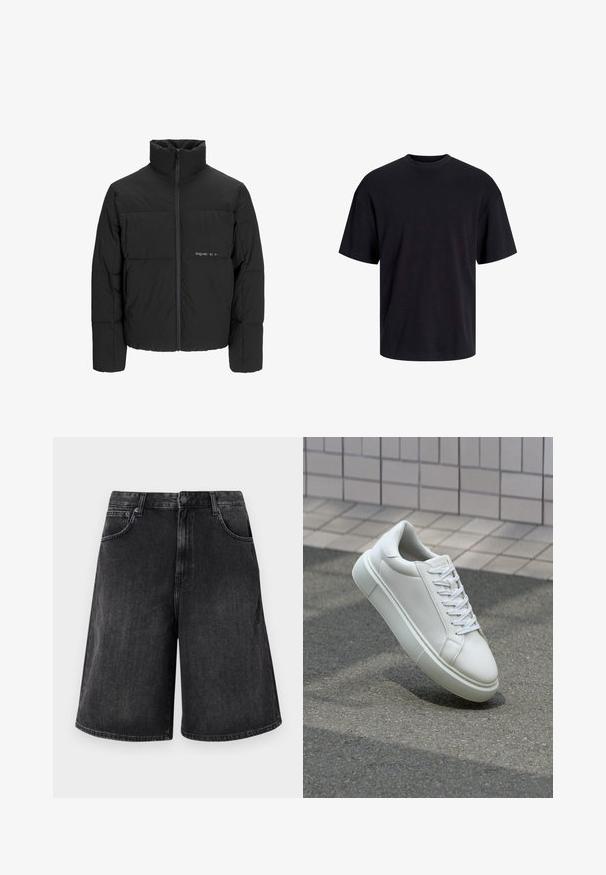 Doudoune noire avec un col haut, fermeture éclair sur le devant et design matelassé. Tissu lisse avec un logo subtil sur la poitrine.; T-shirt en coton noir avec un col ras du cou, des manches courtes et une coupe décontractée. Texture lisse sans motifs ni accents visibles.; Shorts en denim noir avec une coupe large et droite, dotés d'une fermeture à bouton à l'avant et de cinq poches. Texture douce avec une finition délavée.; Baskets en cuir blanc avec une surface lisse, bout rond et lacets plats blancs. Présentent une semelle en caoutchouc texturée et des éléments de design minimalistes.