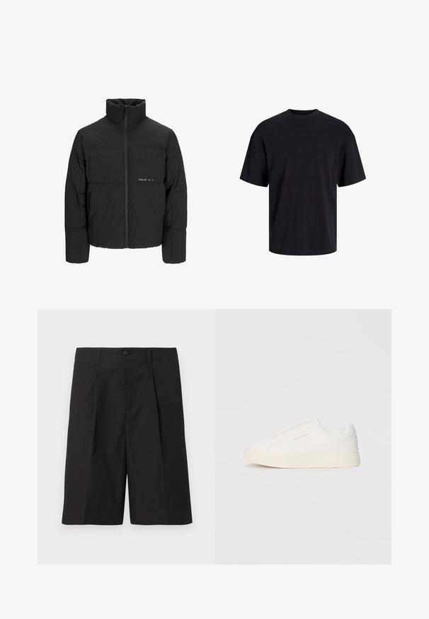 Schwarze Pufferjacke mit hohem Kragen, Front-Reißverschluss und gestepptem Design. Glattes Material mit dezentem Logo auf der Brust.; Schwarzes Baumwoll-T-Shirt mit Rundhalsausschnitt, kurzen Ärmeln und lässiger Passform. Glatte Oberflächenstruktur und keine sichtbaren Muster oder Akzente.; Schwarze maßgeschneiderte Shorts aus leichtem Stoff, mit Falten, einem Knopfverschluss und geradem Saum. Glatte Textur und keine sichtbaren Muster.; Weiße Slip-On-Sneaker mit einer strukturierten Oberfläche, dicker Sohle und minimalistischem Design. Mit Logo der Marke an der Seite.