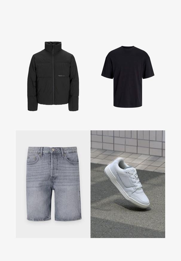 Melnā pūka jaka ar augstu apkakli, priekšējo rāvējslēdzēju un quilted dizainu. Gluda auduma virsma ar maigu logotipu uz krūšu daļas.; Melns kokvilnas T-krekls ar apaļu kakla izgriezumu, īsām piedurknēm un brīvu piegriezumu. Gluda tekstūra un nav redzamu rakstu vai akcentu.; Gaiši pelēki džinsi šorti ar klasisku griezumu, pieci kabatas, pogu aizdare un nedaudz izbalināta tekstūra.; Baltas ādas sporta apavi ar perforētiem sāniem, teksturētām akcentiem, plakanu šņorēšanu un kontrastējošu pelēku papēdi. Iezīmē nedaudz paaugstinātu zole.