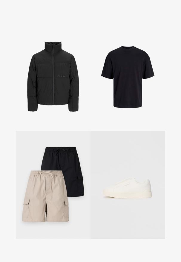 Juodas pūkinis švarkas su aukštu apykakle, priekiniais užtrauktukais ir kvadratinės siuvimo dizainu. Lygus audinys su subtiliu logotipu krūtinėje.; Juodas medvilninis marškinėlis su apvaliu iškirpimu, trumpomis rankovėmis ir laisvu siluetu. Glotni tekstūra, be matomų raštų ar akcentų.; Dvi šortų poros, viena bežė, kita juoda, su elastinėmis juostomis ir raišteliais, taip pat su šoninėmis kišenėmis.; Baltos slip-on sportbačiai su tekstūruota paviršiumi, storesniu padu ir minimalistišku dizainu. Šone matosi prekės ženklo logotipas.