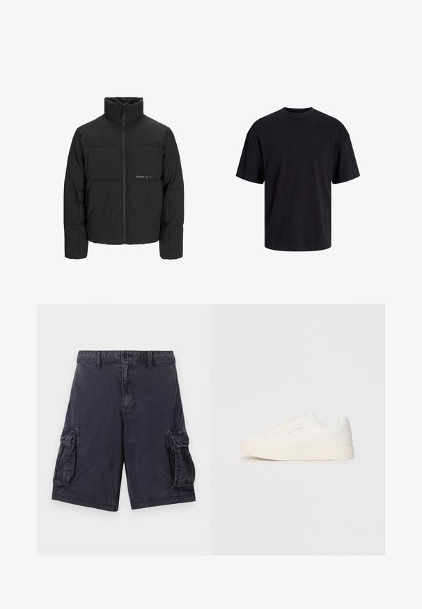 Juodas pūkinis švarkas su aukštu apykakle, priekiniais užtrauktukais ir kvadratinės siuvimo dizainu. Lygus audinys su subtiliu logotipu krūtinėje.; Juodas medvilninis marškinėlis su apvaliu iškirpimu, trumpomis rankovėmis ir laisvu siluetu. Glotni tekstūra, be matomų raštų ar akcentų.; Jūriniai cargo šortai, pagaminti iš patvarios medžiagos, su dviem šoninėmis kišenėmis, priekiniais sagčių užsegimais ir siūlėmis apdirbtais kraštais.; Baltos slip-on sportbačiai su tekstūruota paviršiumi, storesniu padu ir minimalistišku dizainu. Šone matosi prekės ženklo logotipas.