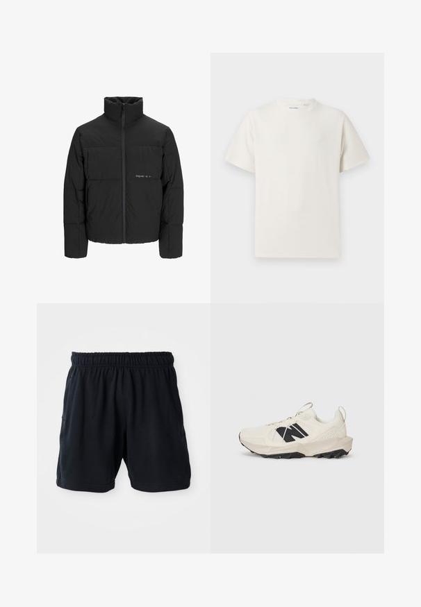 Črni pufast plašč z visokim ovratnikom, sprednjim zadrgo in prešitjem. Gladka tkanina z diskretnim logotipom na prsih.; Bela majica s kratkimi rokavi iz rebraste tkanine. Okrogli izrez, sproščen kroj, brez vidnih vzorcev ali naglasov. Preprosta in vsestranska zasnova.; Črne atletske hlače iz mehkega blaga, z elastičnim pasom in dvema stranskima žepoma za priročnost.; Svetlo bež teniska z mrežasto zgornjo površino, črnim logotipom in teksturiranim podplatom. Okrašena z geometričnim vzorcem na srednjem podplatu.