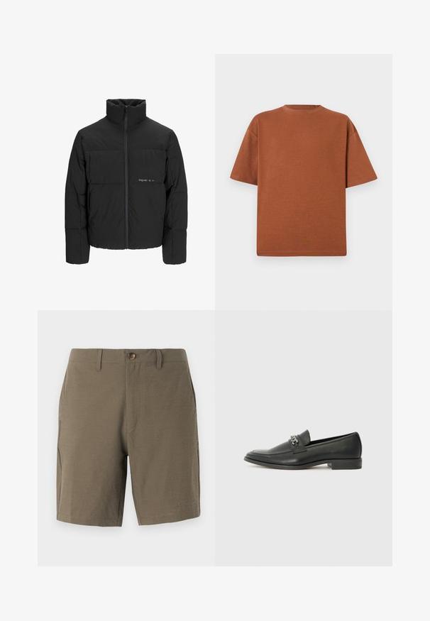 Mustra musta puffer-jakk, millel on kõrge krae, eesne tõmblukku ja tikandiga disain. Sile kangas, millel on rindkeres diskreetne logo.; Pruun puuvillane t-särk ümmarguse kaelusega, lühikeste varrukate ja lõdva lõikega. Kanga tekstuur on pehme ja õmblusi on minimaalselt.; Oliivrohelised lühikesed püksid, valminud tekstureeritud kangast, nööbiga kinnitusega ja siledal eesmisel küljel, külgmiste taskutega praktilisuse huvides.; Must haveate nahkking punased, millel on sile viimistlus, tikitud muster ja dekoratiivne metallkett vampi üle. Tasane konts.