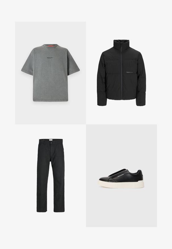Juodas pūkinis švarkas su aukštu apykakle, priekiniais užtrauktukais ir kvadratinės siuvimo dizainu. Lygus audinys su subtiliu logotipu krūtinėje.; Replay Inc. Paprasti marškinėliai - stoned grey; Juodi kelniai, pagaminti iš tvirto audinio, su tiesiomis kojomis, siuvinėtomis detalėmis ir dviem priekinėmis kišenėmis funkcionalumui.; Juodi slip-on sportbačiai su tekstūruota odos viršutine dalimi, balta gumine padai ir be matomų raištelių. Šone yra prekės ženklo logotipas.