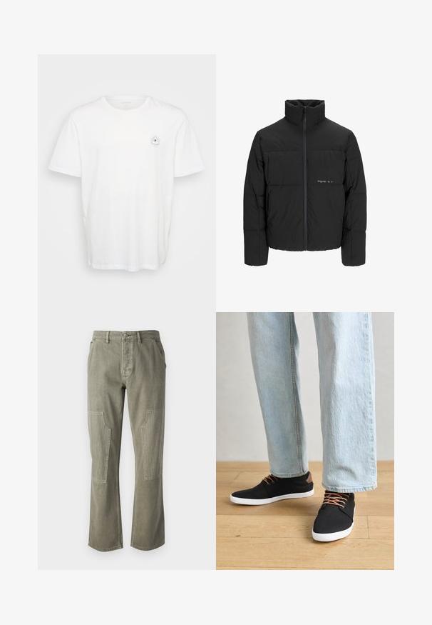 Czarna kurtka puchowa z wysokim kołnierzem, z przodu na zamek błyskawiczny i pikowanym wzorem. Gładki materiał z subtelnym logo na piersi.; Biała bawełniana koszulka z okrągłym dekoltem i krótkimi rękawami. Zauważalny wzór graficzny oka otoczonego promieniami po lewej stronie klatki piersiowej.; Oliwkowe spodnie z bawełny o prostym kroju, z prążkowanymi akcentami na naszywanych kieszeniach i kontrastowym przeszyciem.; Czarne płócienne trampki z brązowymi akcentami, białą gumową podeszwą i brązowymi sznurówkami, zestawione z jasnoniebieskimi dżinsami o prostym kroju. Tło z drewnianą podłogą.