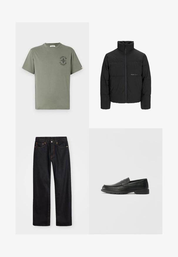 Melnā pūka jaka ar augstu apkakli, priekšējo rāvējslēdzēju un quilted dizainu. Gluda auduma virsma ar maigu logotipu uz krūšu daļas.; Olīvu zaļš kokvilnas t-krekls ar īsām piedurknēm, noapaļotu apkakli un melnu drukātu logo kreisajā krūšu rajonā.; Vīriešu taisno kāju melnie džinsi ar piecām kabatām un oranžu izšuvumu, ar pogu un zipa aizdari priekšējā jostas daļā.; Melnas ādas loafers ar gludu apdari, mokasīnu stila augšdaļu, šūtu detalizāciju un gumijas zoli. Klasisks dizains ar zemu papēdi.