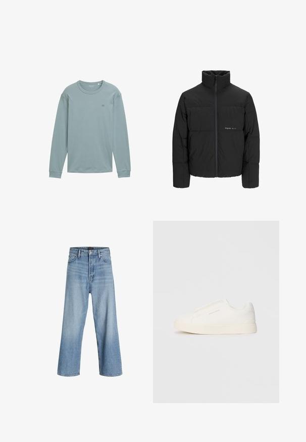 Črni pufast plašč z visokim ovratnikom, sprednjim zadrgo in prešitjem. Gladka tkanina z diskretnim logotipom na prsih.; Majica z dolgimi rokavi iz mehkega, svetlo modrega blaga. Ima okroglo ovratnico, rebraste manšete in majhen logotip na prsih. Gladka tekstura.; Svijetloplave traperice širokih nogavica od denima, s visokim strukom, klasičnim dizajnom s pet džepova te kopčanjem na gumbe s patentnim zatvaračem.; Bele zapete brez vezalk z teksturirano površino, debelim podplatom in minimalističnim dizajnom. Na strani se nahaja logotip blagovne znamke.