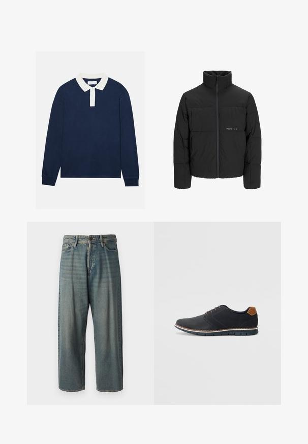 Mustra musta puffer-jakk, millel on kõrge krae, eesne tõmblukku ja tikandiga disain. Sile kangas, millel on rindkeres diskreetne logo.; Tumed pikkade varrukatega polo särk valge soonikuga krae ja kolme nööbiga. Pehme tekstuur, sirge lõikega hem ja soonikud varrukatel.; Heledad sinine denim-stiilis teksad, volüümse lõike, keskmise kõrgusega talje ja sirgete säärega. Omab viit taskut, vöökumme ja nööpide sulgemist.; Mustavad sünteetilised jalatsid tekstureeritud pealsega, siledad aktsendid, pruun kand ja kontrastne tall. Omab minimaalset lukkude ja õmbluste dekoratsiooni.