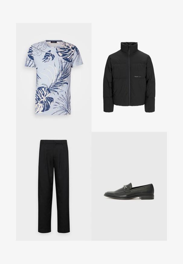 Crna puffer jakna s visokim ovratnikom, prednjim zatvaračem i kviltanim dizajnom. Glatka tkanina s suptilnim logotipom na prsima.; Svijetloplava majica kratkih rukava s uzorkom tropskog lišća u bijeloj i mornarskoj plavoj boji. Okrugli izrez, mekana tekstura, opušteni kroj i bez vidljivih dodataka.; Crne hlače od glatkog materijala, s dizajnom ravnih nogavica, dva prednja nabora i standardnim pojasom s petljama za remen.; Crna kožna loafer cipela s glatkom finišem, s ušivenim uzorkom i dekorativnim metalnim lancem preko prednjeg dijela. Ravni potplat.