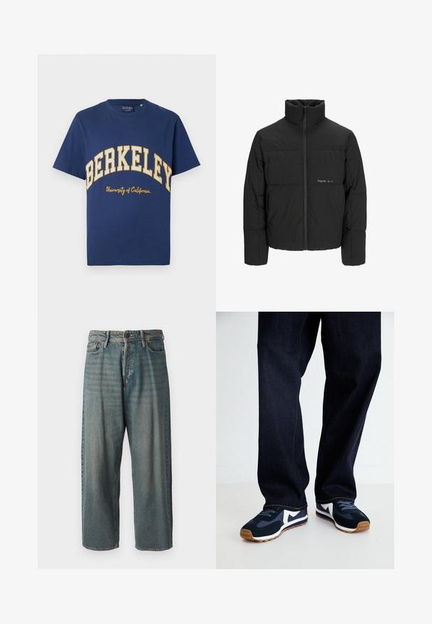 Giubbotto bomber nero con colletto alto, chiusura frontale con zip e design trapuntato. Tessuto liscio con un logo discreto sul petto.; Maglietta in cotone blu navy con "BERKELEY" in carattere grassetto giallo e "University of California" in un carattere più piccolo sotto.; Jeans di denim azzurro chiaro con vestibilità ampia, vita media e gambe dritte. Presenta cinque tasche, passanti per cintura e chiusura con bottone.; Scarpe da ginnastica navy e bianche con una tomaia testurizzata, lacci e suola in gomma, abbinate a pantaloni di denim scuro con cuciture arancioni.
