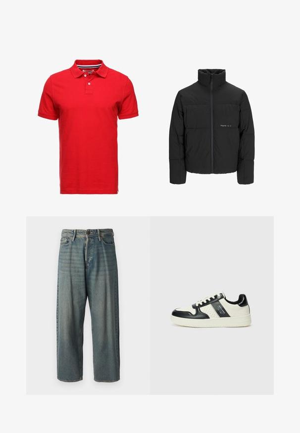 Svart boblejakke med høy krage, frontåpning med glidelås og kviltet design. Glatt stoff med en subtil logo på brystet.; Rød bomullspolo med krage, med to knapper og stripete innerkrage. Kortermet og med standard passform.; Lyseblå denimjeans med løs passform, midjehøyde og rette ben. Har fem lommer, beltehemper og knappelukking.; Lædersneakers med sort og creme farveskema, der har perforerede detaljer, en polstret krave og en struktureret ydersål.
