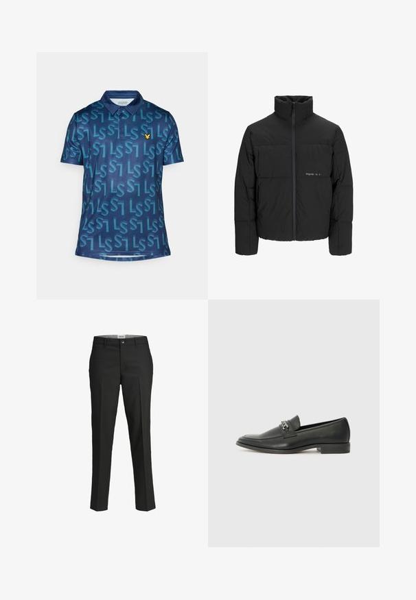 Zwarte pufferjas met een hoge kraag, ritssluiting aan de voorkant en een quilted design. Glad materiaal met een subtiel logo op de borst.; Marineblauwe polo met een herhaald "LS" patroon in turquoise, voorzien van een drie-knopen sluiting en een gele adelaar op de borst.; Zwarte broek, getailleerde pasvorm, gladde stof, middelhoge taille, sluiting met frontknop, diagonale zakken en plooien langs de benen.; Zwarte leren instapper met een gladde afwerking, voorzien van een gestikt ontwerp en een decoratieve metalen kettingaccent over de wreef. Platte hak.