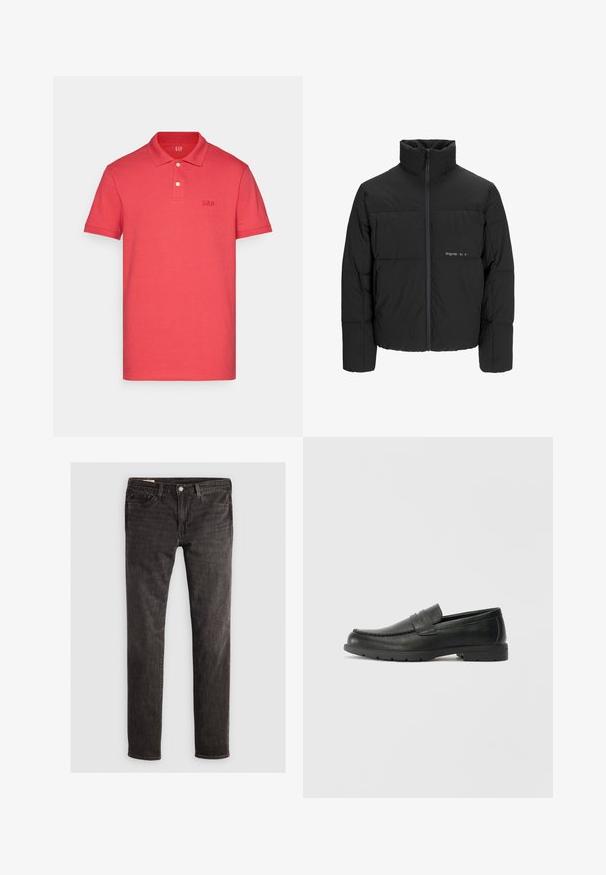 Čierna puffová bunda s vysokým golierom, predným zipsom a prešívaným dizajnom. Hladká tkanina s jemným logom na hrudi.; GAP LOGO - Polokošeľa - weathered red; Čierne denimové džínsy so slim fit strihom, s dizajnom piatich vreciek, mosadzným gombíkom a jemnou textúrou. Žiadne viditeľné vzory alebo ďalšie zdobenia.; Čierne kožené mokasíny s hladkým povrchom, vrchnou časťou v štýle mokasín, prešitým detailom a gumovou podrážkou. Klasický dizajn s nízkym podpätkom.
