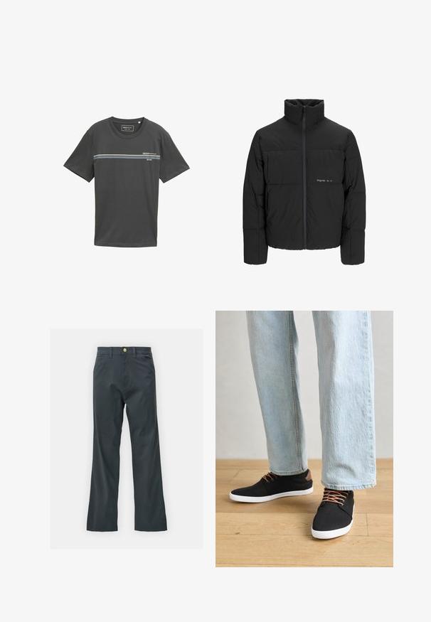 Melnā pūka jaka ar augstu apkakli, priekšējo rāvējslēdzēju un quilted dizainu. Gluda auduma virsma ar maigu logotipu uz krūšu daļas.; Pelēks kokvilnas T-krekls ar īsām piedurknēm, apaļu kakla izgriezumu, ar horizontālām svītrām zilā, baltā un zaļā krāsā krūšu daļā, ar uzdrukātu logotipu.; Melnas bikses ar taisnu kāju griezumu, izgatavotas no kokvilnas maisījuma auduma. Tām ir metāla pogas aizdare un sānu kabatas. Nav redzamu rakstu.; Melnas auduma čības ar brūniem akcentiem, baltām gumijas zolēm un brūnām šņorēm, kombinētas ar gaiši ziliem taisnajiem džinsiem. Koka grīdas fons.