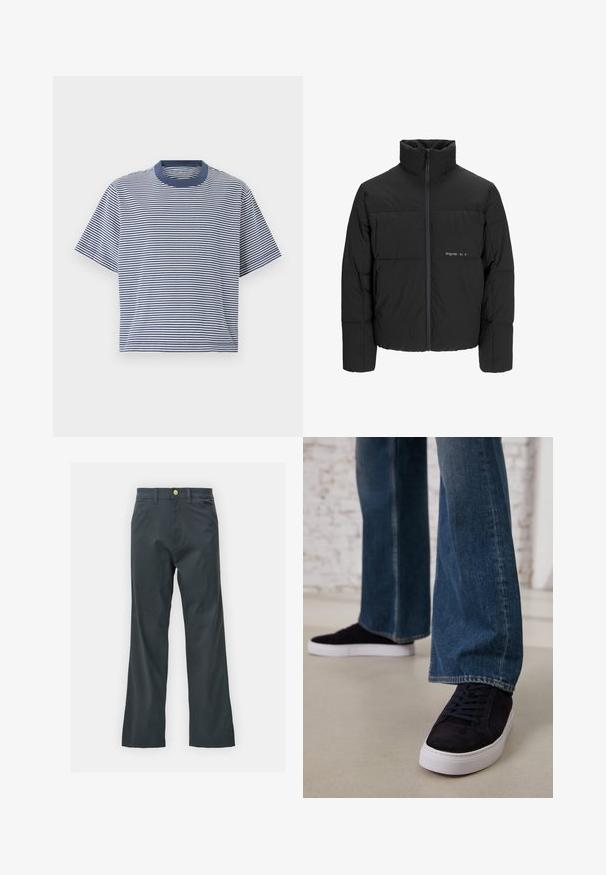 Černá péřová bunda s vysokým límcem, předním zipem a prošívaným designem. Hladká tkanina se subtilním logem na hrudi.; Modro-bíle pruhované tričko s krátkým rukávem, kulatým výstřihem a volným střihem, vyrobené z měkké, lehké tkaniny.; Černé kalhoty s rovnými nohavicemi, vyrobené z bavlněné směsi. Mají kovové zapínání a boční kapsy. Bez viditelných vzorů.; Tmavě modré semišové tenisky s bílou gumovou podrážkou a tkaničkami, zkombinované s širokými džíny v středně modré praní.