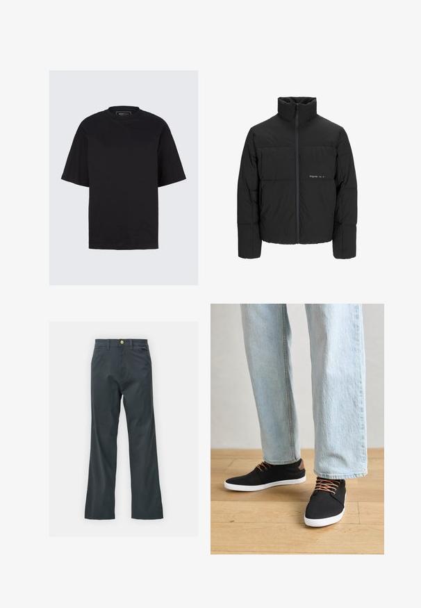 Melnā pūka jaka ar augstu apkakli, priekšējo rāvējslēdzēju un quilted dizainu. Gluda auduma virsma ar maigu logotipu uz krūšu daļas.; Melnas īsām piedurknēm T-krekls, kas izgatavots no kokvilnas. Apaļa kakla izgriezums, brīvs piegriezums, gluda tekstūra un minimālistisks dizains bez rakstiem vai akcentiem.; Melnas bikses ar taisnu kāju griezumu, izgatavotas no kokvilnas maisījuma auduma. Tām ir metāla pogas aizdare un sānu kabatas. Nav redzamu rakstu.; Melnas auduma čības ar brūniem akcentiem, baltām gumijas zolēm un brūnām šņorēm, kombinētas ar gaiši ziliem taisnajiem džinsiem. Koka grīdas fons.