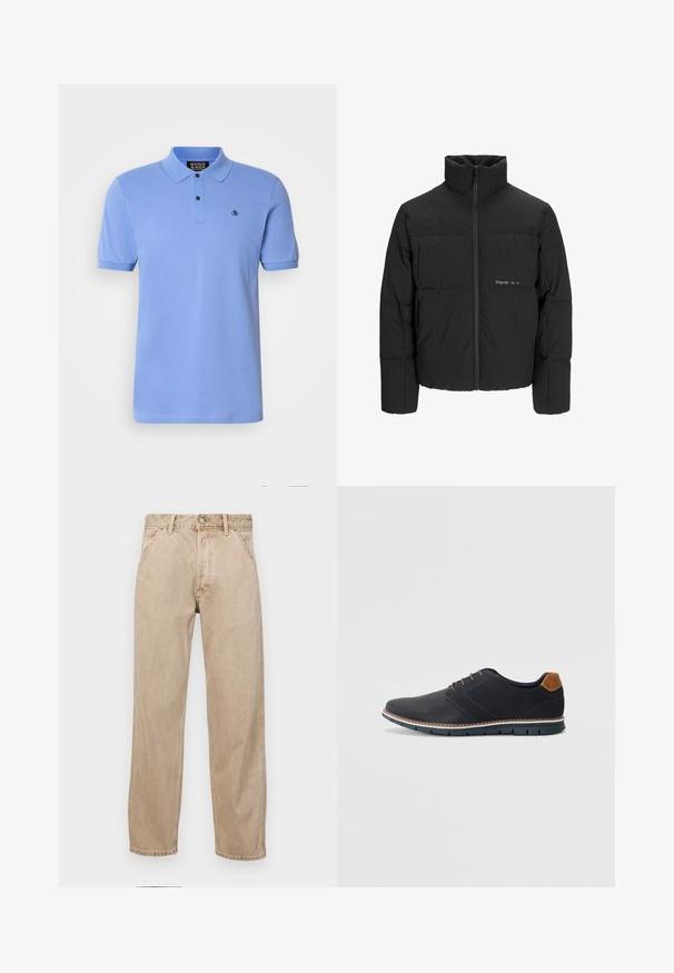 Juodas pūkinis švarkas su aukštu apykakle, priekiniais užtrauktukais ir kvadratinės siuvimo dizainu. Lygus audinys su subtiliu logotipu krūtinėje.; Šviesiai mėlynas polos marškinėliai, pagaminti iš medvilnės, su mygtukų užsegimu, trumpomis rankovėmis, veliūro apykakle ir mažu siuvinėtu logotipu ant krūtinės.; Smėlio spalvos džinsai su tiesia kojų siluetu, turintys priekinę kišenę, metalinį mygtuką ir subtilią tekstūrą.; Juodi sintetiniai batai su tekstūruotu paviršiumi, lygiomis detalėmis, ruda kulna ir kontrastingu padu. Yra minimalus raištelių užsidėjimas ir siuvimo detalės.