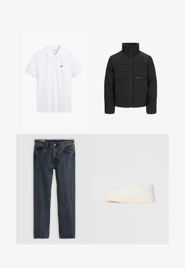 Juodas pūkinis švarkas su aukštu apykakle, priekiniais užtrauktukais ir kvadratinės siuvimo dizainu. Lygus audinys su subtiliu logotipu krūtinėje.; Balta polo marškinių, pagamintų iš medvilnės. Yra trijų mygtukų apykaklė, trumpomis rankovėmis ir mažas raudonas Levi's logotipas kairiajame krūtinės šone.; Tamsiai mėlynos džinsinės kelnės su tiesioginiu kirpimu, penkiais kišenėmis ir mygtukų uždarymu. Audinys rodo subtilų išblukimą ir tekstūrą.; Baltos slip-on sportbačiai su tekstūruota paviršiumi, storesniu padu ir minimalistišku dizainu. Šone matosi prekės ženklo logotipas.