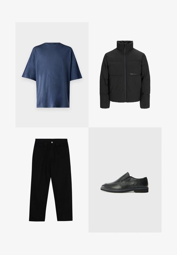 Sort dunjakke med høj krave, frontlynlås og quiltet design. Glat materiale med en diskret logo på brystet.; Marineblå kortærmet T-shirt, lavet af blødt stof, har en klassisk rund hals og løs pasform, uden synlige mønstre eller accenter.; Sorte denimbukser med lige ben, fem lomme-design og knaplukning foran. Glat tekstur med minimale syninger.; Sorte læder slip-on sko med en glat overdel, syede detaljer, rund tå og en lav gummihæl. Sålen har minimal profil.