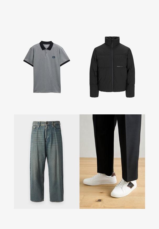 Fekete puff dzseki magas gallérral, elülső cipzárral és steppelt kialakítással. Simaságú anyag, finom logóval a mellkason.; Szürke póló, fekete gallérral és ujjpántokkal. Három gombos záródás jellemzi, és egy kis logó folt található a mellkasán. Pamut keverék anyag.; Világoskék farmernadrág, laza fazonnal, közepes derékbőséggel és egyenes szárral. Öt zsebet, övbucskát és gombos záródást tartalmaz.; Fehér sneaker, sima textúrával, barna bőr díszítéssel és fekete részletekkel, fekete szabott nadrággal párosítva. Fából készült padló háttér.