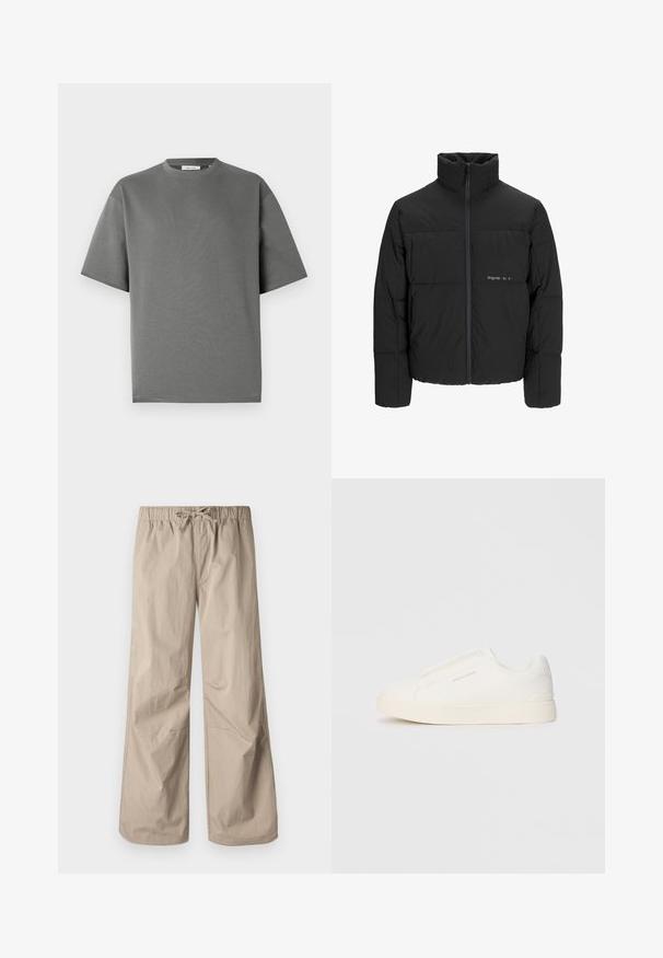 Črni pufast plašč z visokim ovratnikom, sprednjim zadrgo in prešitjem. Gladka tkanina z diskretnim logotipom na prsih.; Srajca s kratkimi rokavi, siva, izdelana iz mehkega bombaža, z okroglim izrezom in sproščenim krojem ter minimalnimi šivnimi detajli.; Bež hlače širokega kroja z elastičnim pasom in vrvico. Gladka tekstura, dve stranski žepu in minimalni šivi za sproščen fit.; Bele zapete brez vezalk z teksturirano površino, debelim podplatom in minimalističnim dizajnom. Na strani se nahaja logotip blagovne znamke.