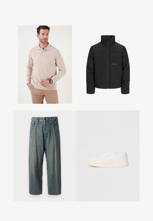 Fekete puff dzseki magas gallérral, elülső cipzárral és steppelt kialakítással. Simaságú anyag, finom logóval a mellkason.; Beige színű, hosszú ujjú polo póló bordázott textúrával, három gombos záródással és passzoló alsó résszel. Világos színű nadrággal és órával viselve.; Világoskék farmernadrág, laza fazonnal, közepes derékbőséggel és egyenes szárral. Öt zsebet, övbucskát és gombos záródást tartalmaz.; Fehér slip-on sportcipők texturált felülettel, vastag talppal és minimalista dizájnnal. Az oldalon a márka logója található.