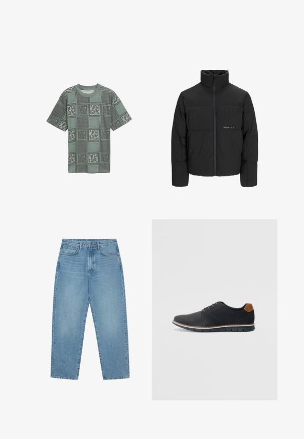 Černá péřová bunda s vysokým límcem, předním zipem a prošívaným designem. Hladká tkanina se subtilním logem na hrudi.; Zelené tričko s potiskem vyrobené z měkké tkaniny, které kombinuje geometrické a paisley vzory v různých odstínech na čtvercových sekcích.; Světle modré džíny s širokými nohavicemi a vysokým pasem, které mají pět kapes, poutka na opasek a měkkou, mírně vybledlou strukturu.; Černé syntetické boty s texturovaným svrškem, hladkými detaily, hnědým podpatkem a kontrastní podrážkou. Obsahují minimální šněrování a švy.