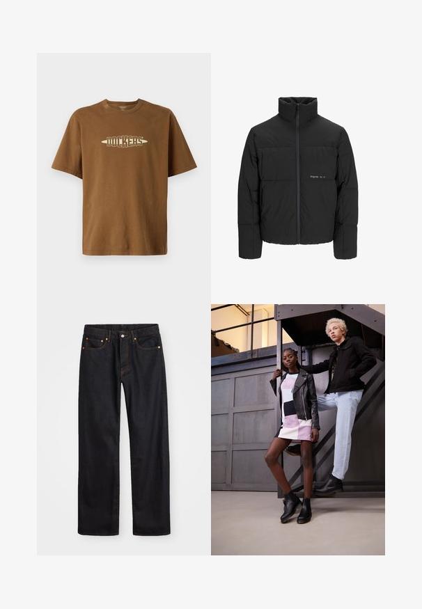 Zwarte pufferjas met een hoge kraag, ritssluiting aan de voorkant en een quilted design. Glad materiaal met een subtiel logo op de borst.; Bruine katoen T-shirt met korte mouwen, met een crèmekleurig "DOCKERS" logo in een vet lettertype gecentreerd op de borst.; Heren straight-leg zwarte denim jeans met vijf zakken en oranje stiksels, knoop- en ritssluiting op de voorkant van de tailleband.; Twee modellen poseren op een metalen trap. De een draagt een zwart leren jasje over een veelkleurige gestreepte jurk en zwarte enkelboots. De ander heeft een zwart jasje, lichte jeans en zwarte laarzen aan.