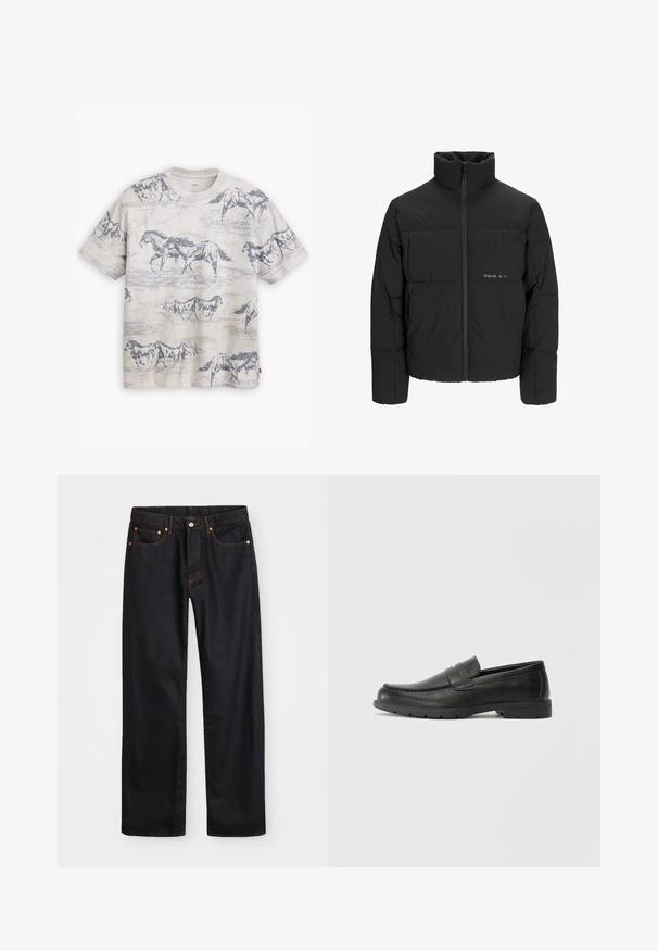 Jachetă puffer neagră, cu guler înalt, închidere cu fermoar pe față și design matlasat. Material neted cu un logo subtil pe piept.; Levi's® VINTAGE - Tricou basic - white onyx; Jeans negri din denim pentru bărbați, cu croială dreaptă, cinci buzunare și cusături portocalii, închidere cu nasture și fermoar pe talie.; Labeled cu oglindă din piele neagră cu un finisaj neted, partea superioară în stil mocasin, detalii cusute și o talpă din cauciuc. Design clasic cu un toc jos.