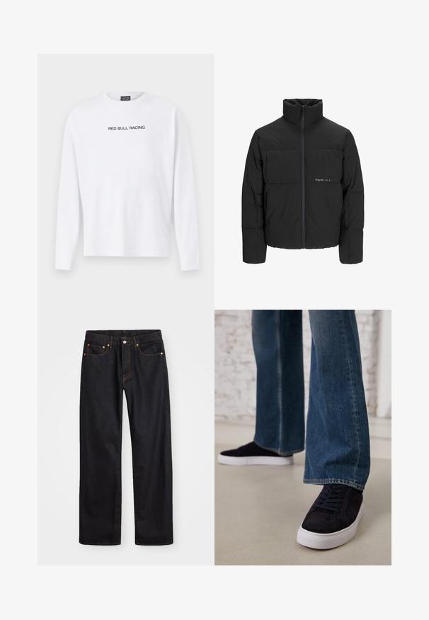 Musta puhvijakku, jossa on korkea kaulus, etuvetoketju ja tikattu muotoilu. Sileä kangas, jossa on hienovarainen logo rinnassa.; Valkoinen pitkähihaisten T-paita, joka on valmistettu puuvillasta. Rinnassa mustalla painettuna "RED BULL RACING". Pyöreä pääntie ja rento istuvuus.; Miestne čierne rovné džínsy so štyrmi vreckami a oranžovým šitím, zapínanie na gombík a zips na prednom pásku.; Tummansinisiä mokkanahkakengät, joissa on valkoinen kumipohja ja nauhat, yhdistettynä leveälahkeisiin farkkuihin, joiden sävy on keskitumma sininen.