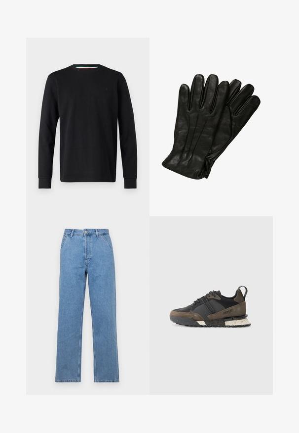 Black puffer jacket featuring a high collar, front zip closure, and quilted design. Smooth fabric with a subtle logo on the chest.; Replay Long sleeved top - black; Light blue denim straight-leg jeans with a classic five-pocket design, featuring a front button closure and belt loops. Smooth texture.; Replay FIELD JUPITER CRAFT - Trainers - black/dark grey; Black leather gloves with a smooth texture, five fingers, and subtle stitching details. Classic design, suitable for cold weather use.