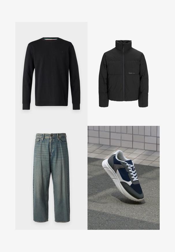 Musta puhvijakku, jossa on korkea kaulus, etuvetoketju ja tikattu muotoilu. Sileä kangas, jossa on hienovarainen logo rinnassa.; Replay Pitkähihainen paita - black; Vaaleansiniset farkut, joissa on väljä istuvuus, keskikorkea vyötärö ja suorat lahkeet. Ominaisuuksiin kuuluvat viisi taskua, vyölenkit ja nappisulku.; Kengät, joissa on tummansininen verkkopäällinen, harmaat mokka-yksityiskohdat, valkoinen kumipohja ja litteät valkoiset nauhat, suunniteltu mukavuutta ja hengittävyyttä varten.