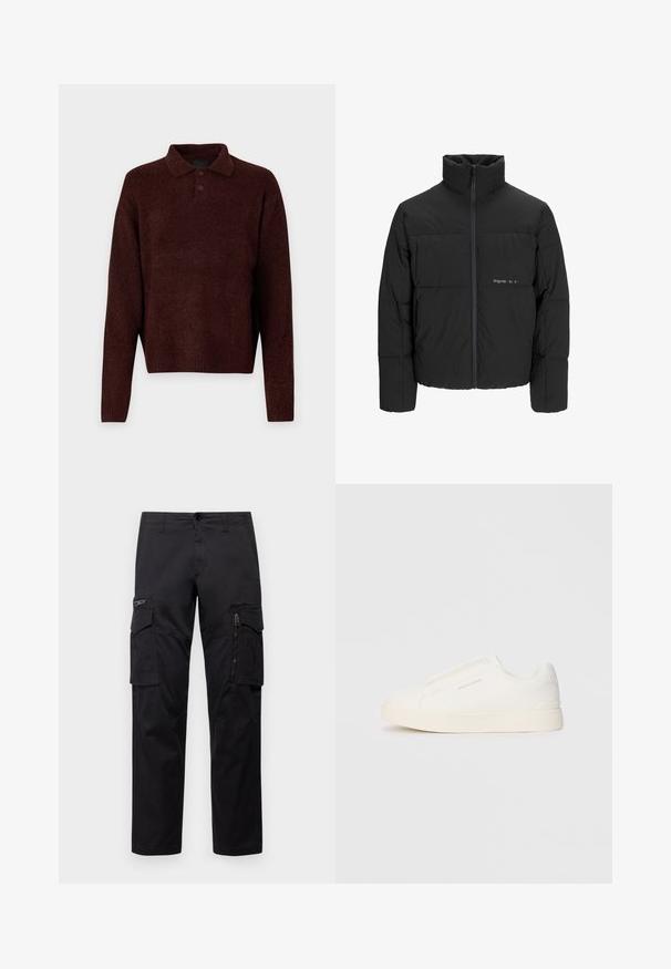 Mustra musta puffer-jakk, millel on kõrge krae, eesne tõmblukku ja tikandiga disain. Sile kangas, millel on rindkeres diskreetne logo.; Pruun kudumiga pehme pullover, millel on polo kaelus, kolm nuppu kaela juures ja pikad varrukad. Pehme tekstuur, ribidega mansetid ja äär.; Mustad mustree püksid, millel on mitu taskut, lukuulukuga tasku reie peal, sirge lõige ja tugevast puuvillast materjal, millel on kerge läige.; Valged libisemiskindlad tossud tekstuuriga pinnaga, paksu tallaga ja minimalistikus disainis. Küljel on brändi logo.