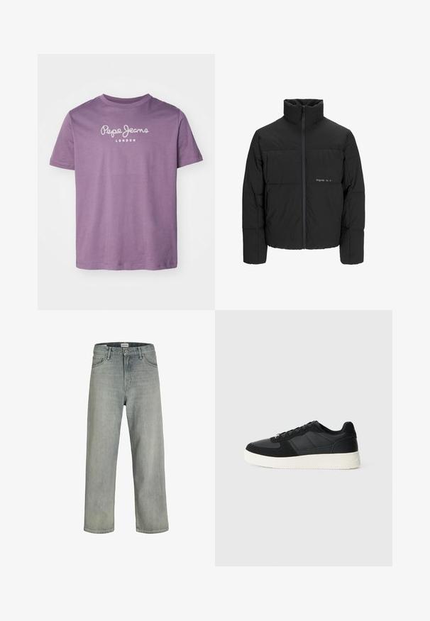 Mustra musta puffer-jakk, millel on kõrge krae, eesne tõmblukku ja tikandiga disain. Sile kangas, millel on rindkeres diskreetne logo.; Lilla puuvillane t-särk lühikeste varrukatega, millel on rinna peal valgete tähtedega "Pepe Jeans" logo, ümar krae disain.; Heledad hallhallid, laia lõikega denimist teksased. Omavad klassikalist viie tasku disaini, vööloopse ja sirget säärelõiget.; Mustmustel musta madal sneaker tekstuuriga nahast ja sametist paneelidega, valge kummitald ja mustad suledega, lihtsal heledal taustal.