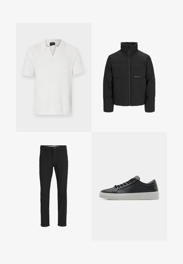Černá péřová bunda s vysokým límcem, předním zipem a prošívaným designem. Hladká tkanina se subtilním logem na hrudi.; Bílá krátká polo košile s texturovaným pruhovaným vzorem a límečkem s výstřihem do V. Lehce hmotný materiál s jemným leskem.; Černé kalhoty z bavlněné směsi s úzkým střihem, s knoflíkovým zapínáním, kapsami a ohrnutými manžetami pro uvolněný vzhled.; Černé kožené tenisky s hladkým povrchem, kulatou špičkou a černými šňůrkami. Disponují silnou bílou gumovou podrážkou s jemnými geometrickými akcenty.