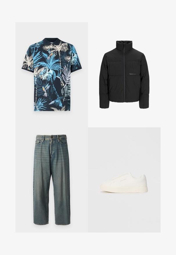 Musta puhvijakku, jossa on korkea kaulus, etuvetoketju ja tikattu muotoilu. Sileä kangas, jossa on hienovarainen logo rinnassa.; Marinanssin polo-paita, jossa on värikäs trooppinen printti palmulehdistä ja linnuista. Valmistettu pehmeästä puuvillakankaasta, jossa on klassinen kaulus.; Vaaleansiniset farkut, joissa on väljä istuvuus, keskikorkea vyötärö ja suorat lahkeet. Ominaisuuksiin kuuluvat viisi taskua, vyölenkit ja nappisulku.; Valkoiset liukusukat, joissa on teksturoitu pinta, paksu pohja ja minimalistikot. Sivulla on brändin logo.