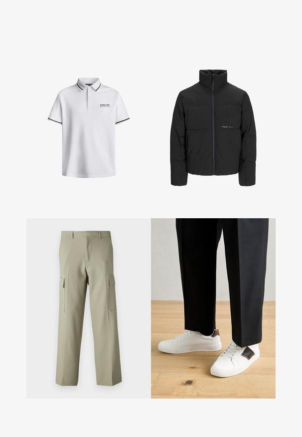 Černá péřová bunda s vysokým límcem, předním zipem a prošívaným designem. Hladká tkanina se subtilním logem na hrudi.; Bílá polo košile s klasickým límečkem, krátkými rukávy, s černými akcenty na rukávech a logem "Red Bull Racing" na hrudi.; Světle zelené cargo kalhoty se střihovým designem rovného nohavice, s bočními kapsami a hladkým textilním povrchem. Zobrazeno ze zadní strany.; Bílé tenisky s hladkým povrchem, s hnědými koženými akcenty a černými detaily, kombinované s černými kalhotami na míru. Pozadí tvoří dřevěná podlaha.