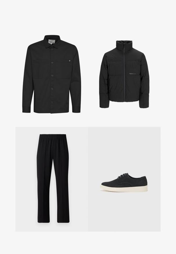 Black puffer jacket featuring a high collar, front zip closure, and quilted design. Smooth fabric with a subtle logo on the chest.; Black long-sleeve shirt featuring a button-up front, two chest pockets, and a pointed collar. Made from smooth fabric with a matte finish.; Black, elastic-waist trousers with a straight-leg design, featuring a smooth texture and no visible patterns or hardware.; Black suede lace-up shoe with a rounded toe, lightweight cream sole, and subtle blue stitching accents on the upper.