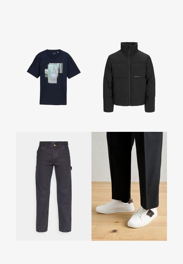 Chaqueta acolchada negra con un alto cuello, cierre frontal de cremallera y diseño acolchado. Tejido suave con un logo sutil en el pecho.; Camiseta de algodón azul marino con diseño gráfico en capas que presenta el texto "PRESS >>> PLAY" y el nombre de la marca "TOM TAILOR" en blanco. Manga corta.; Pantalones cargo de color gris oscuro, confeccionados con un tejido duradero, que presentan un corte recto, cinco bolsillos y un cierre de botón en la cintura.; Zapatillas blancas con textura suave, con acentos de cuero marrón y detalles en negro, combinadas con pantalones negros ajustados. Fondo de suelo de madera.