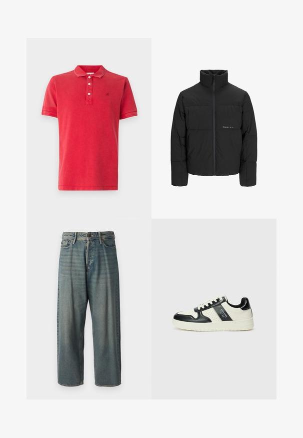 Black puffer jacket featuring a high collar, front zip closure, and quilted design. Smooth fabric with a subtle logo on the chest.; Red polo shirt in soft cotton fabric, featuring a classic collar, four button placket, and subtle logo accent on the chest. Short sleeves.; Light blue denim jeans with a loose fit, mid-rise waist, and straight legs. Features five pockets, belt loops, and a button closure.; Leather sneakers with a black and cream color scheme, featuring perforated accents, a padded collar, and a textured outsole.