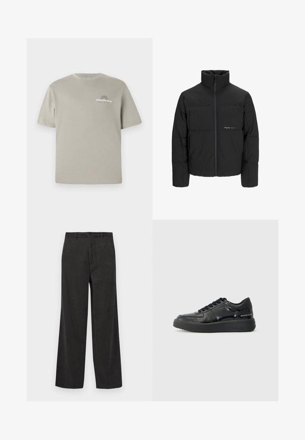 Chaqueta acolchada negra con un alto cuello, cierre frontal de cremallera y diseño acolchado. Tejido suave con un logo sutil en el pecho.; Camiseta de algodón gris claro con mangas cortas, cuello redondo y un pequeño gráfico de "ATHLETIC CLUB" en el pecho. Textura suave.; Pantalones de pana negros con un diseño de pierna ancha, que presentan una textura de acanalado vertical, un cierre de cremallera con botón y bolsillos frontales.; Zapatillas de cuero negro con un acabado suave, punta redonda y suela de goma negra de contraste. Presentan cordones planos y un logo en el lateral.