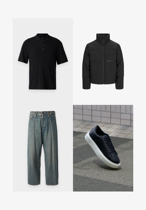 Černá péřová bunda s vysokým límcem, předním zipem a prošívaným designem. Hladká tkanina se subtilním logem na hrudi.; Abercrombie & Fitch Polotričko - casual black; Světle modré denimové džíny s volným střihem, středně vysokým pasem a rovnými nohavicemi. Obsahují pět kapes, poutka na opasek a zapínání na knoflík.; Černé kožené tenisky s kulatou špičkou a bílou gumovou podrážkou. mají ploché tkaničky a minimální šití na svršku. Texturovaná podrážka pro lepší přilnavost.