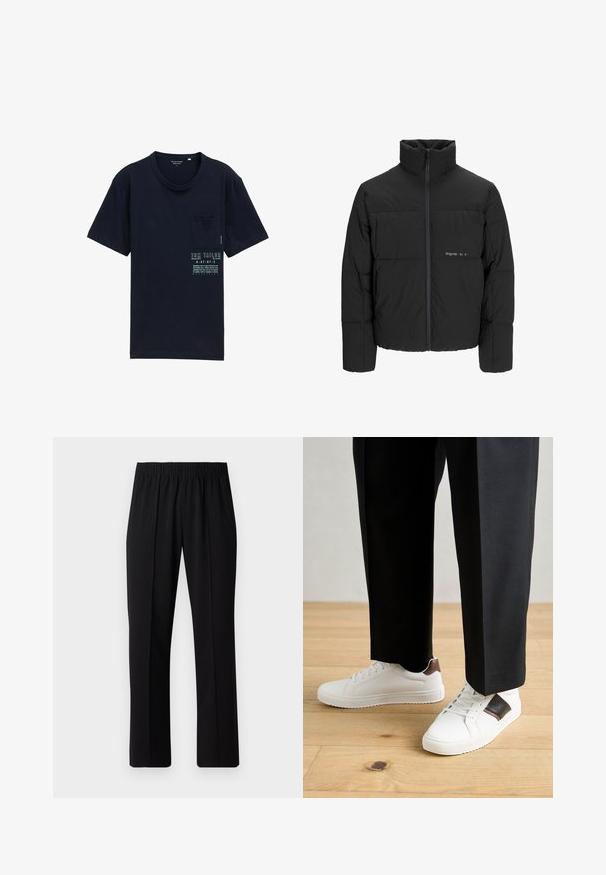 Sort dunjakke med høj krave, frontlynlås og quiltet design. Glat materiale med en diskret logo på brystet.; Marineblå bomulds t-shirt med rund hals, korte ærmer, venstre brystlomme og trykt logo og tekst foran i kontrastfarver.; Sorte bukser med elastisk talje og lige ben, der har en glat tekstur og ingen synlige mønstre eller hardware.; Hvide sneakers med glat tekstur, prydet med brune læderdetaljer og sorte detaljer, sammen med sorte skræddersyede bukser. Baggrund med trægulv.