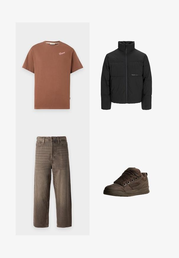 Czarna kurtka puchowa z wysokim kołnierzem, z przodu na zamek błyskawiczny i pikowanym wzorem. Gładki materiał z subtelnym logo na piersi.; Brązowa koszulka z krótkim rękawem i okrągłym dekoltem z logo "Pompeii" w białym kroju pisma na górnej lewej części klatki piersiowej.; Czekoladowe dżinsy o szerokich nogawkach wykonane z denimu. Posiadają zamek błyskawiczny, szlufki na pasek oraz pięć kieszeni. Tkanka ma wyblakły, teksturowany wygląd.; Brązowe buty sportowe wykonane z gładkiego materiału syntetycznego. Oferują grube sznurówki, siateczkowe akcenty, wyściełany kołnierz oraz teksturowaną gumową podeszwę.